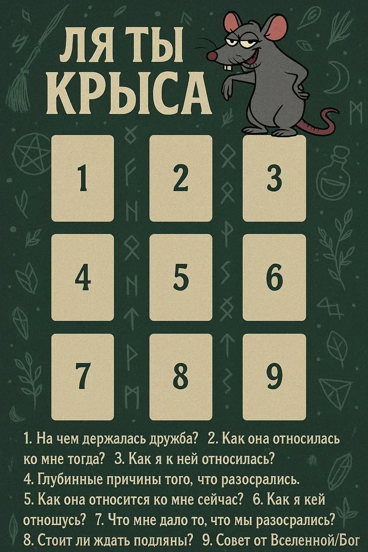 Расклад на подругу-крысу 🐀

Разложив перед собой карты по этой схеме, можно попробовать понять глуб