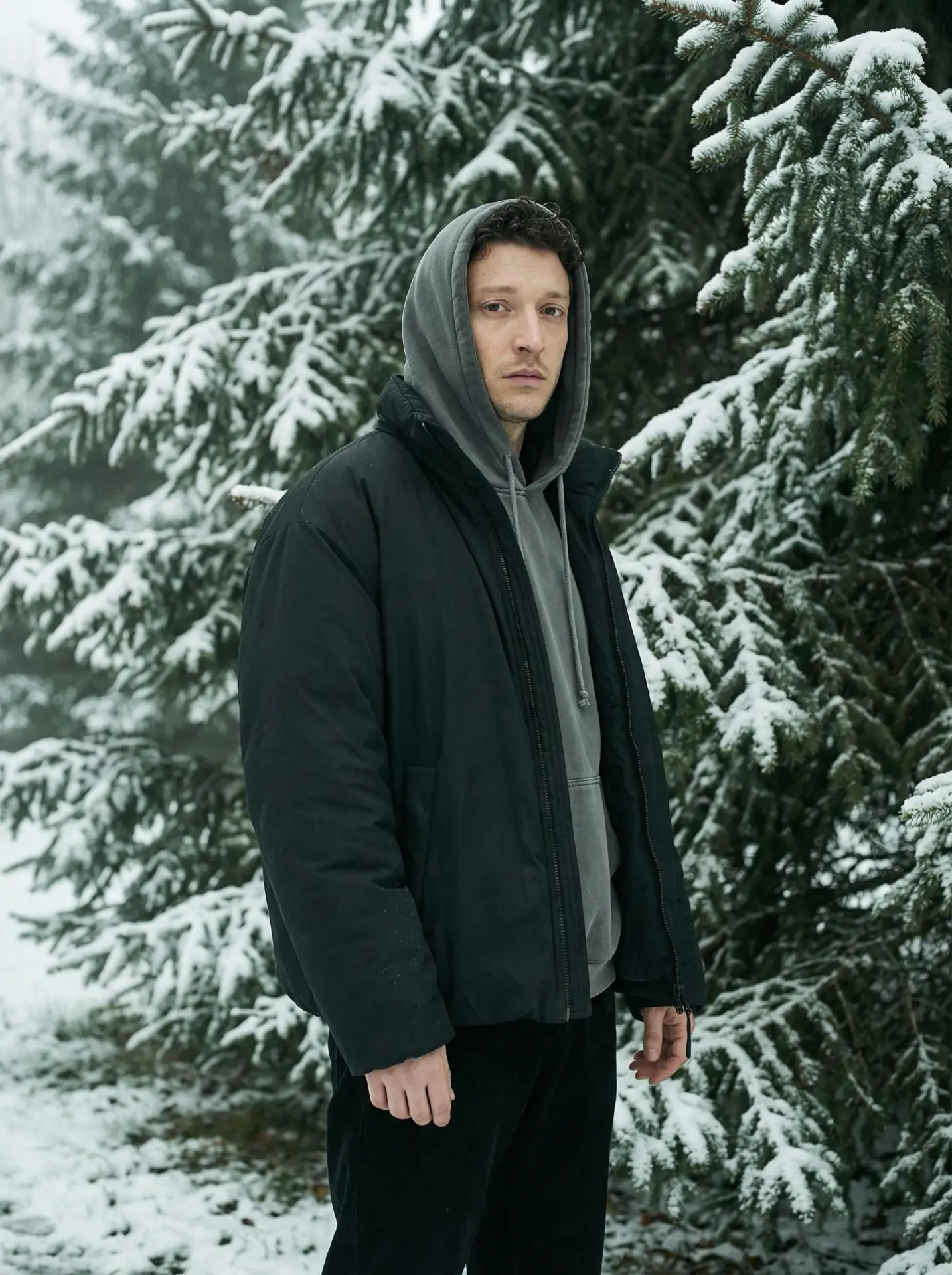 🖼 Man stands in a winter coniferous forest