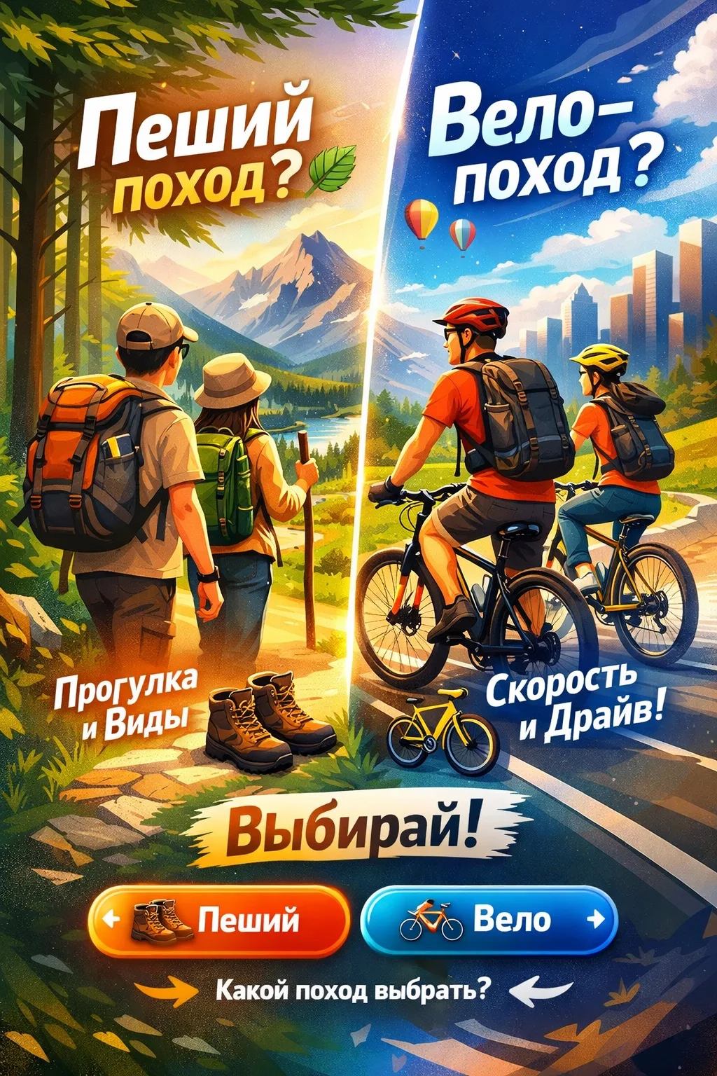 🌿 Куда отправимся вместе? Выбираем наш следующий поход! 🚶‍♂️🚴‍♀️  🌞 Мы готовим новое приключение для