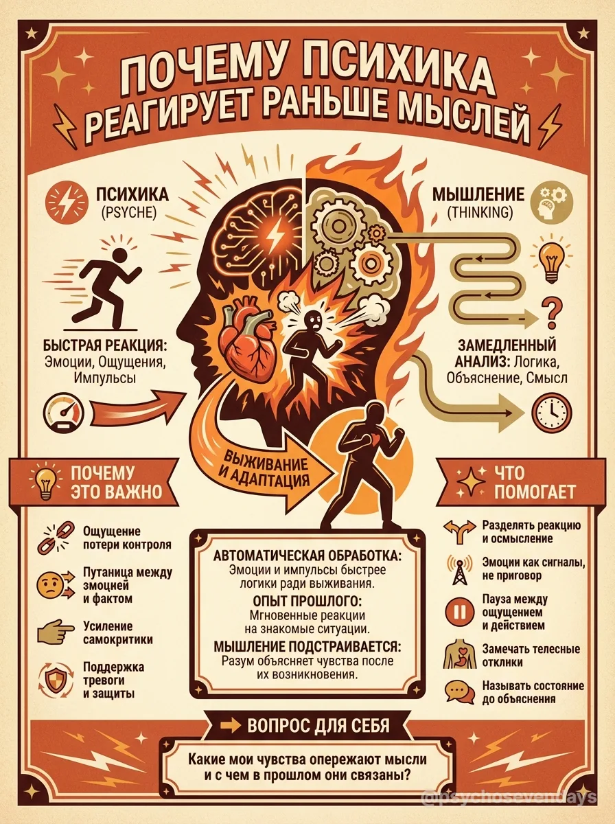 Почему психика реагирует раньше мыслей ⚡

Психическая реакция действительно возникает раньше осознан