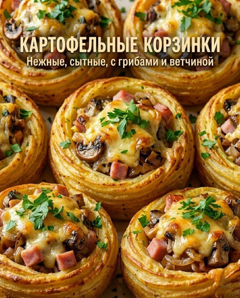 Картофельные корзинки с грибами и ветчиной