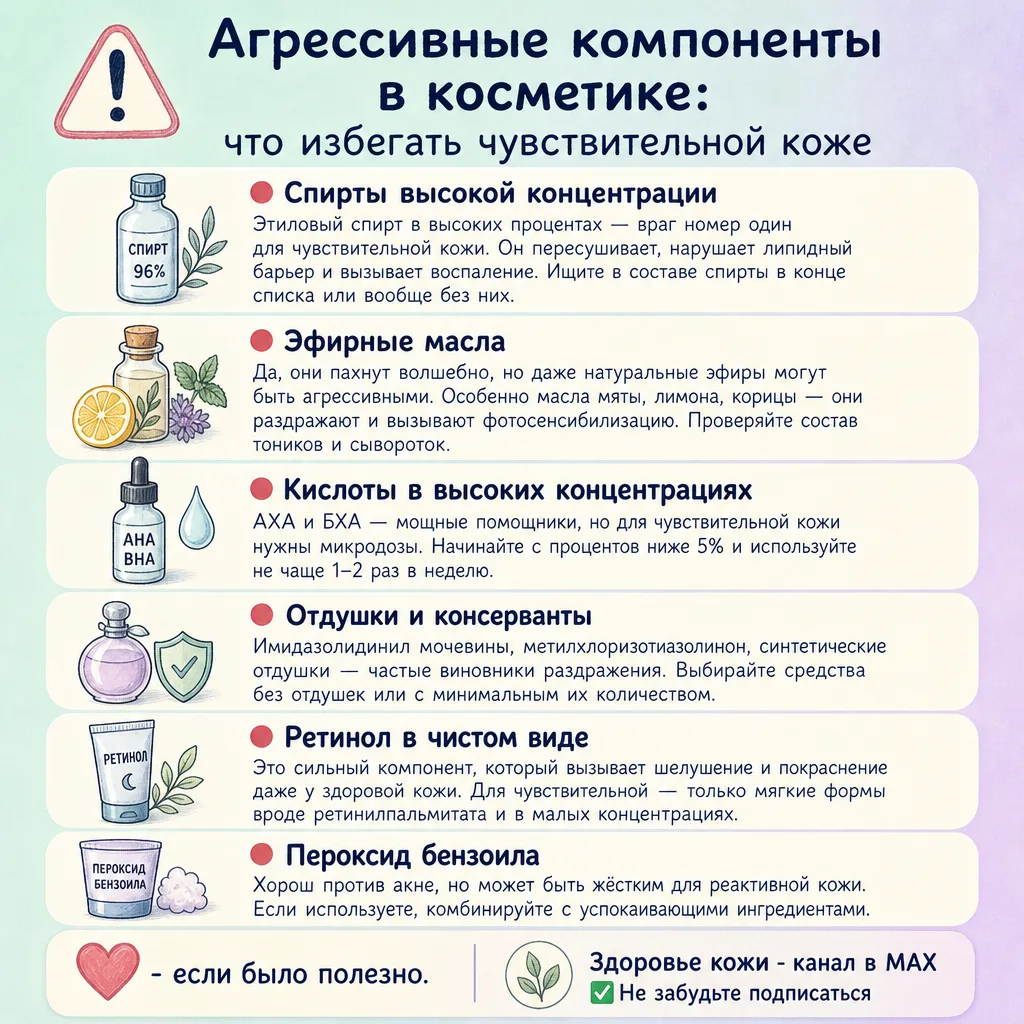 ⚠️ Агрессивные компоненты в косметике: что избегать чувствительной коже