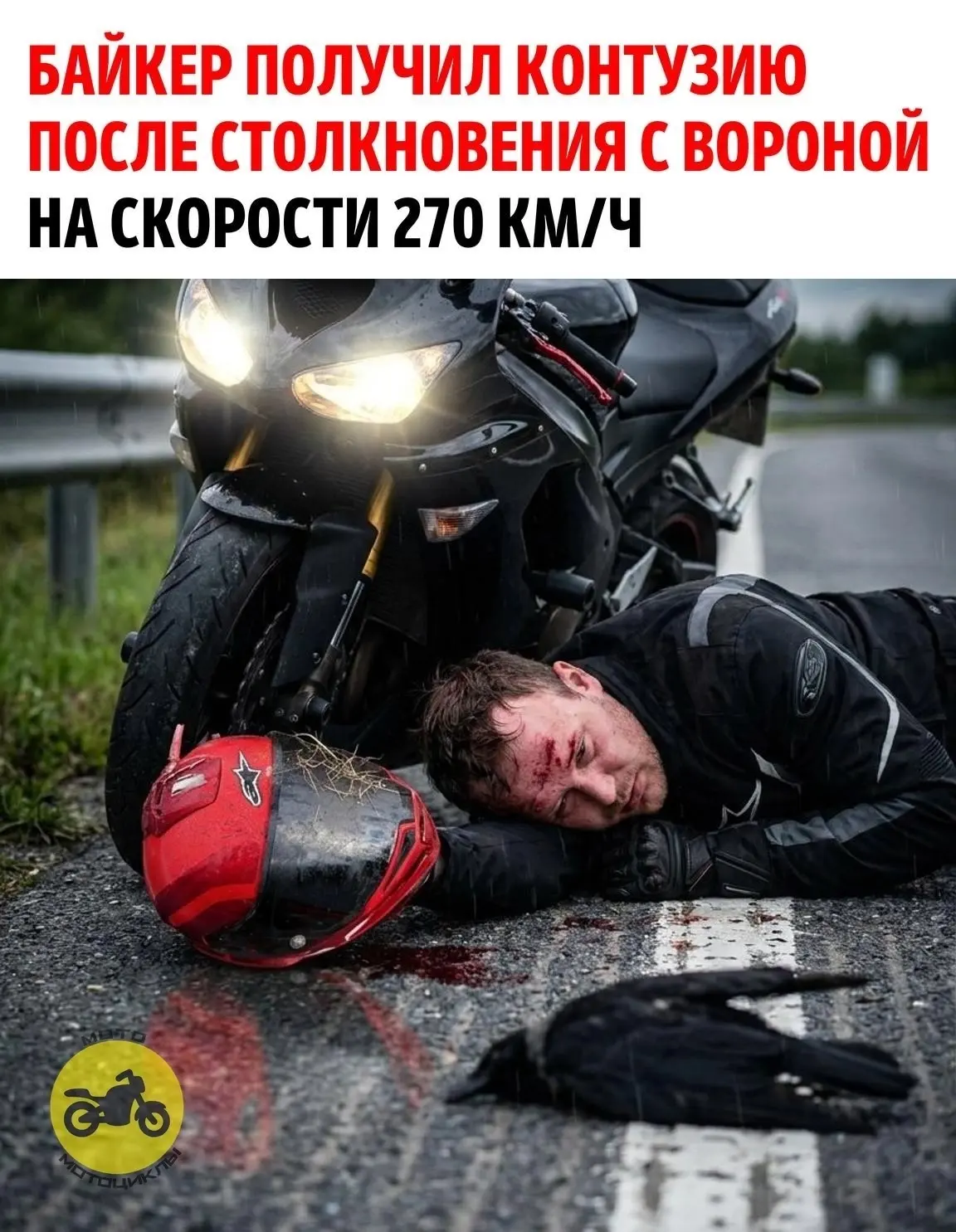 Байкер на скорости 270 км/ч столкнулся с вороной в Подмосковье