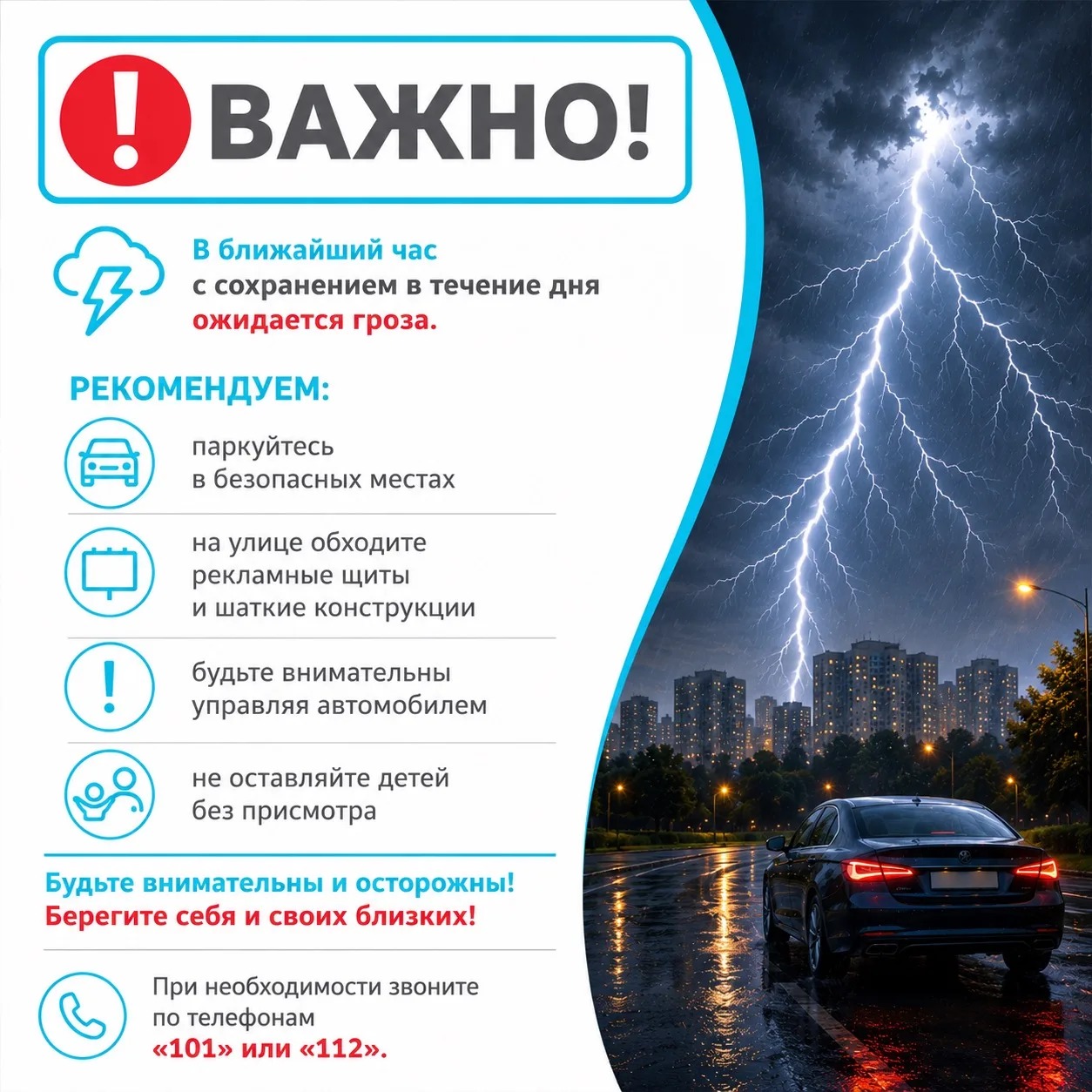 ⚡️В ближайший час с сохранением в течение дня ожидается гроза.

МЧС России рекомендует:

паркуйтесь 