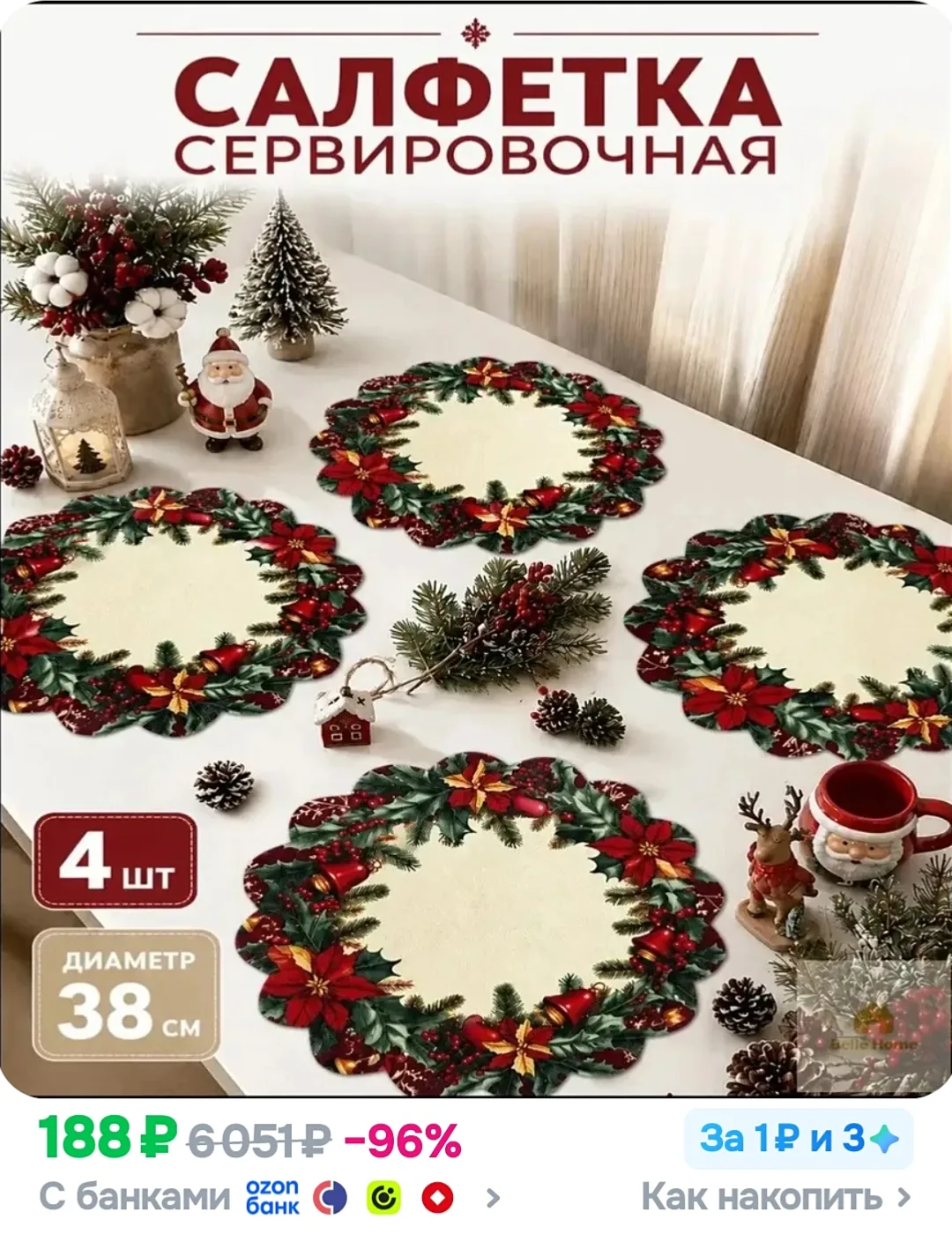 Салфетка сервировочная 38x38 см 4 шт имитация льна разноцветный
