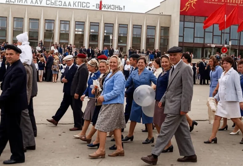 "Время назад". Отреставрированное фото праздничной демонстрации на центральной площади села Кочубеев
