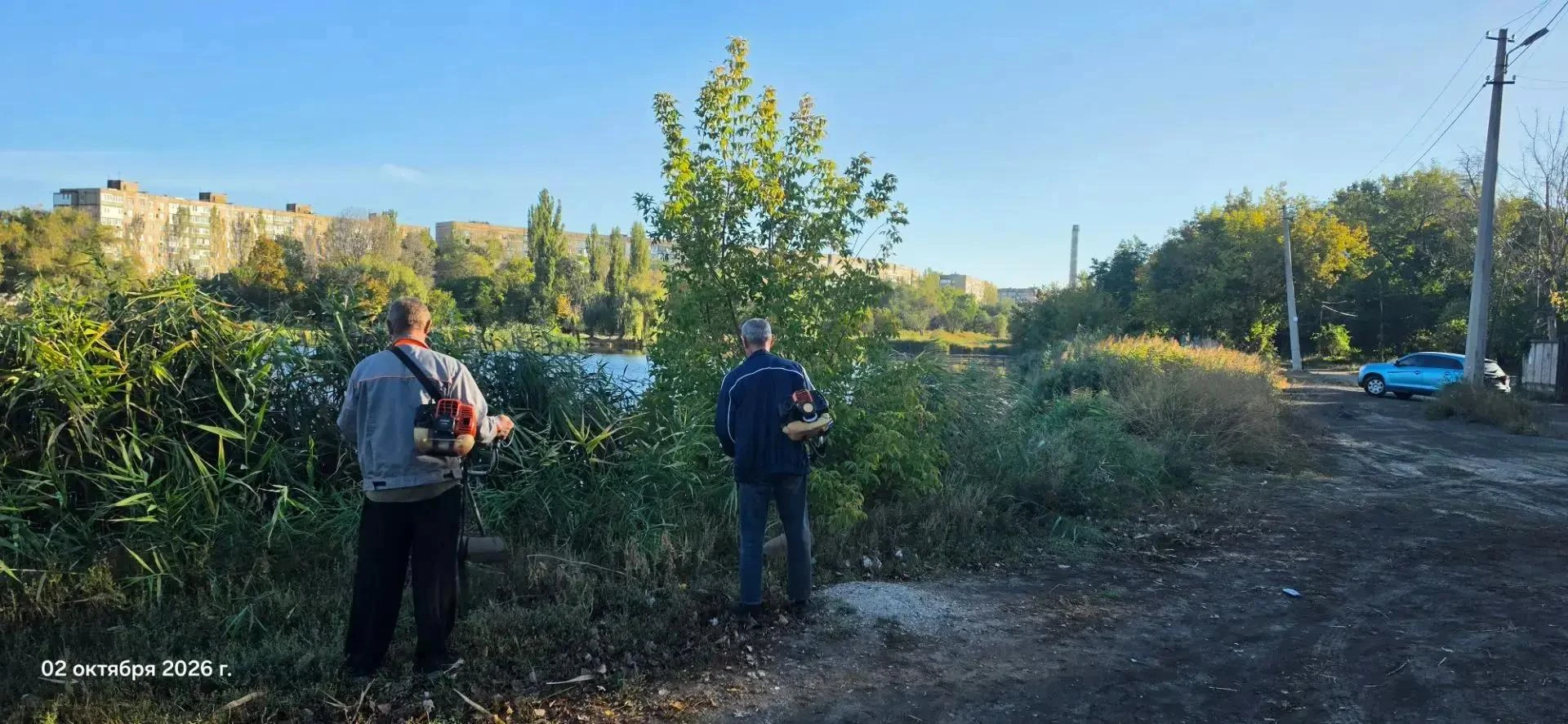 Управой Пролетарского внутригородского района ведутся работы по покосу травы на пруду М...