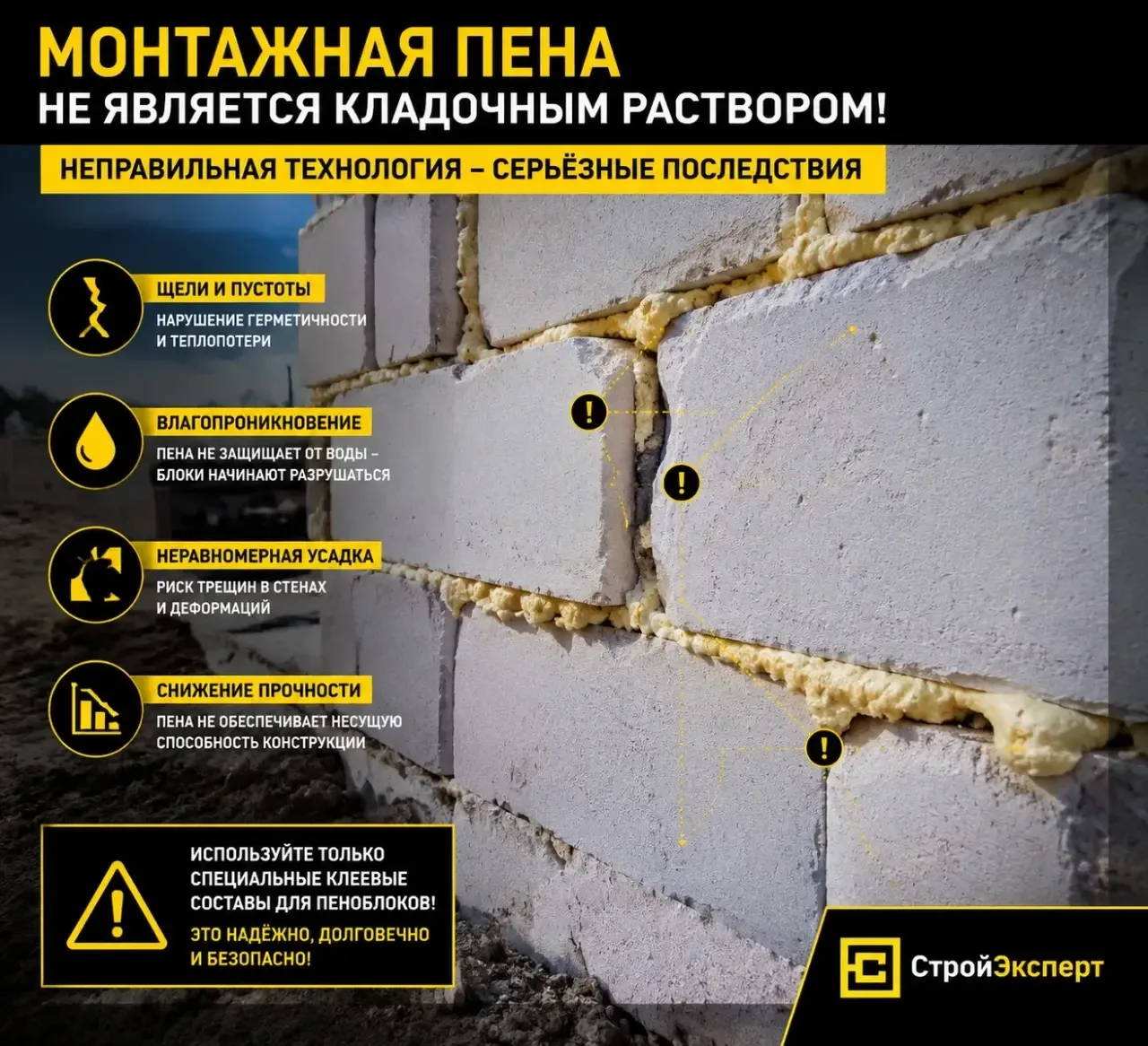 Монтажная пена в кладке пеноблоков: почему это строительное преступление