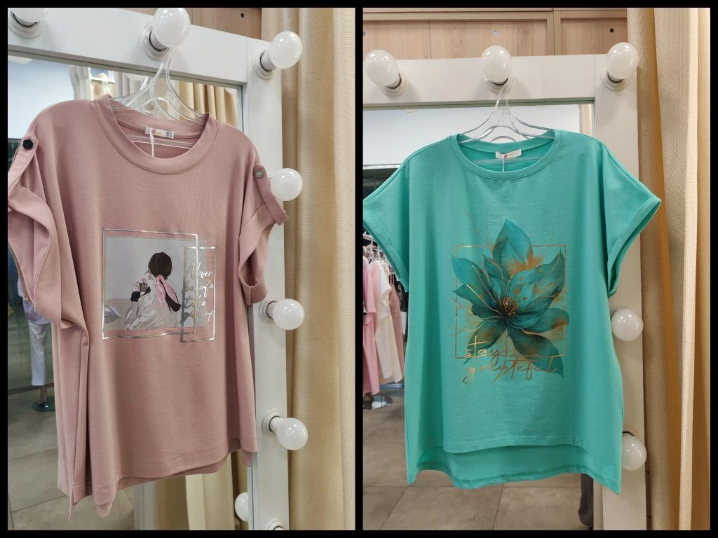 Встречайте лето в комфорте! ☁️
👕 Футболки с нежными оттенками: пудра и бирюза.
Принт — лёгкий, нена