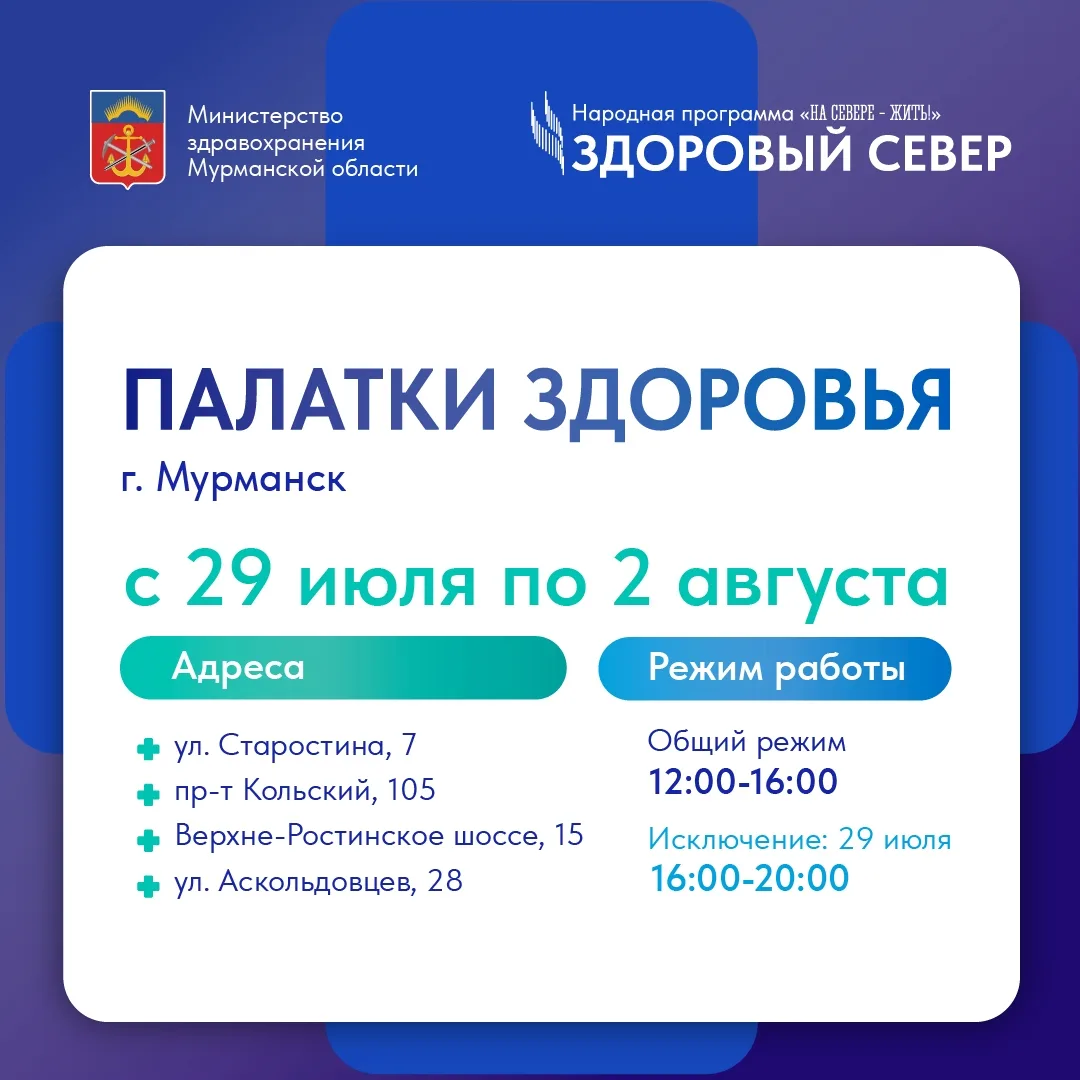 Уже с 29 июля в Мурманске в рамках проекта «Здоровый Север» начинают работу «Палатки здоровья»! 🩺

