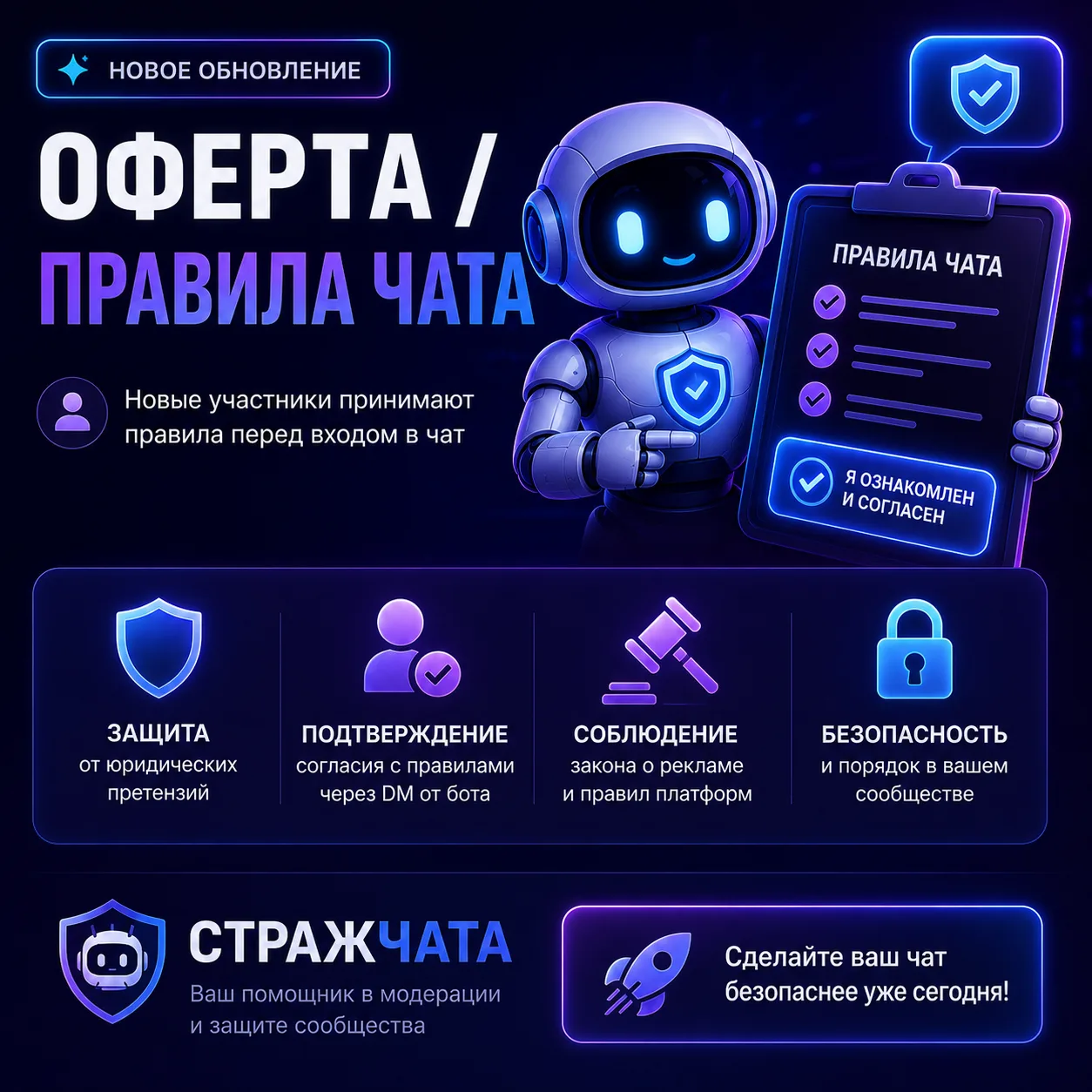📜 Новое обновление в «СтражЧата»!

Теперь в боте появилась система оферты и правил чата ⚖️

👤 При 