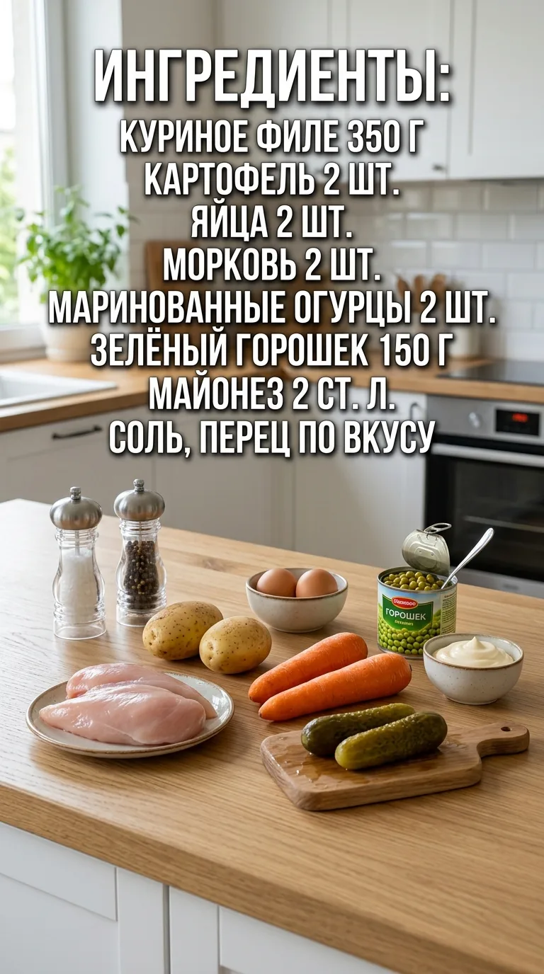 Оливье с курицей

Ингредиенты:
• куриное филе — 350 г
• картофель — 2 шт.
• яйца — 2 шт.
• морковь —