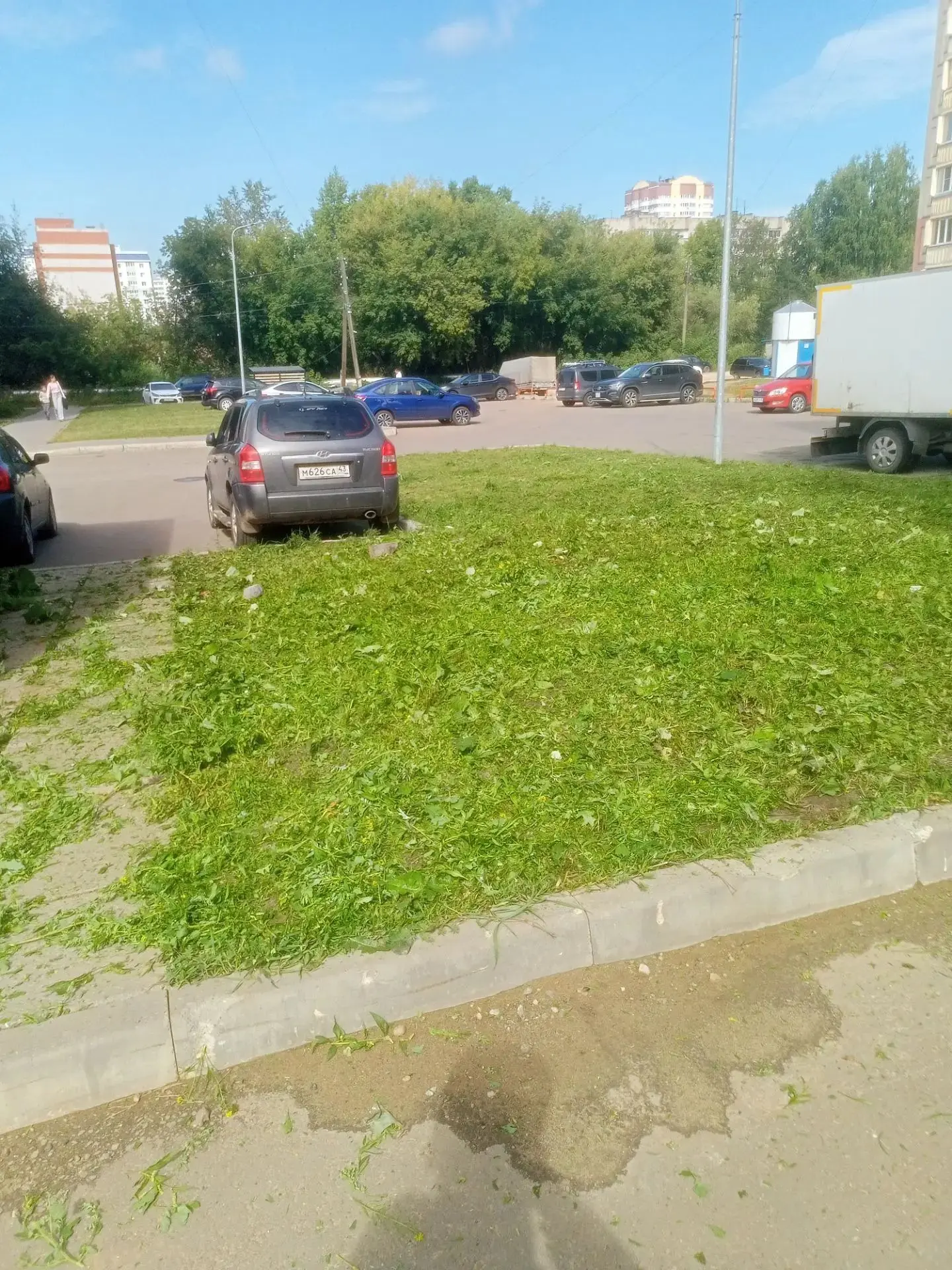На фото: покос травы на территории дома по адресу: г. Киров, ул. Социалистическая, 15.