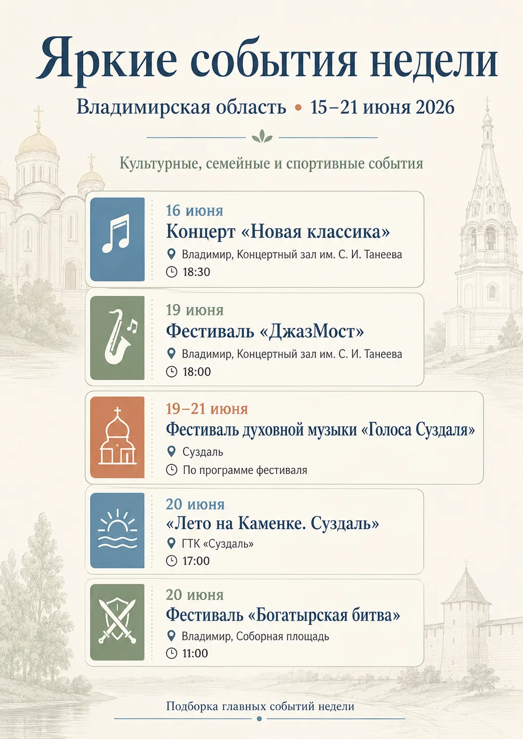 🗓 Афиша событий Владимирской области на неделю

Уважаемые жители Доброграда, представляем сводку ку