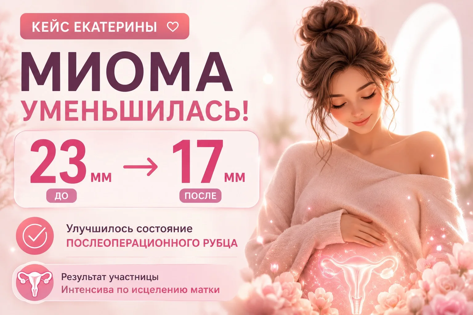 🔥МИОМА УМЕНЬШИЛАСЬ С 23 ММ ДО 17 ММ

И улучшилось состояние послеоперационного рубца.

Это результа