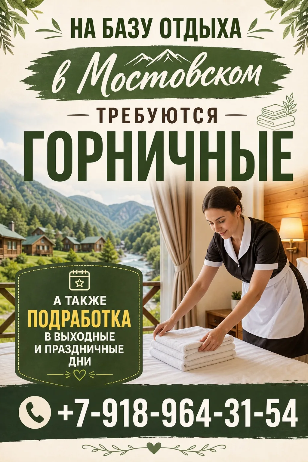 На постоянную работу на базу отдыха  в посёлке Мостовском требуются горничные.