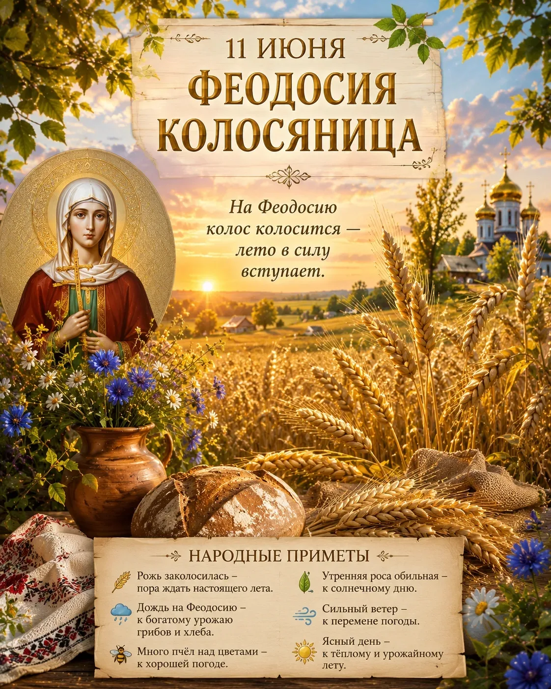 🌾✨ 11 ИЮНЯ — ФЕОДОСИЯ КОЛОСЯНИЦА ✨🌾

11 июня по народному календарю отмечается день Феодосии Колос