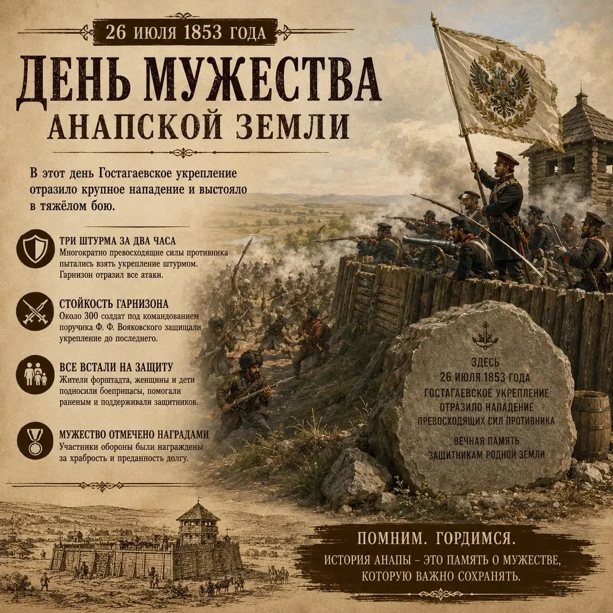 ТРИ ШТУРМА ЗА ДВА ЧАСА: КАК ЗАЩИТНИКИ ГОСТАГАЕВСКОГО УКРЕПЛЕНИЯ ВЫСТОЯЛИ В НЕРАВНОМ БОЮ

26 июля 185