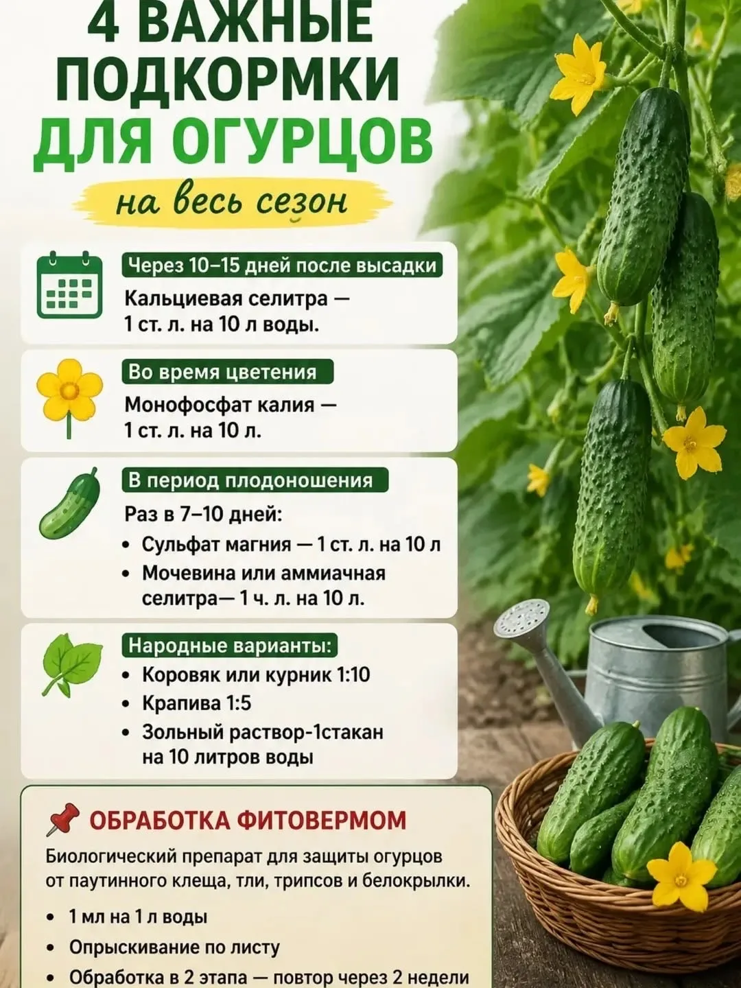 4 важные подкормки для огурцов на весь сезон🔥

Схема внесения удобрений и защиты огурцов по фазам р