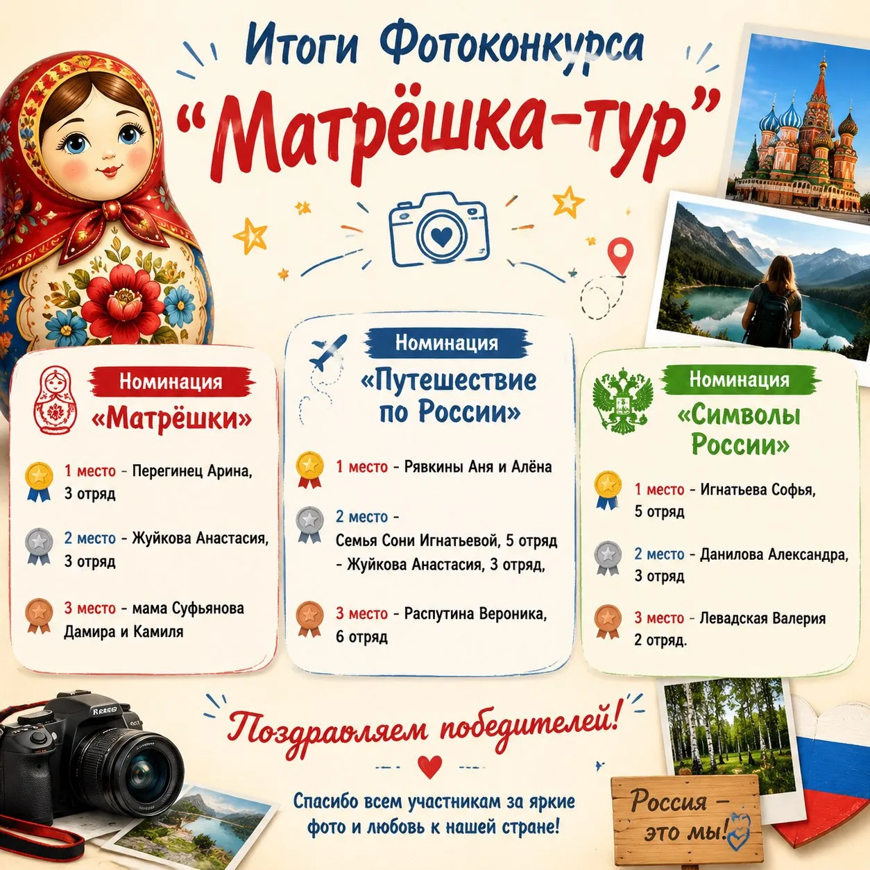ЛЕТНИЙ ЛАГЕРЬДДТ 

итоги фотоконкурса «Матрешка-тур»
Поздравляем победителей и участников!

Путешест