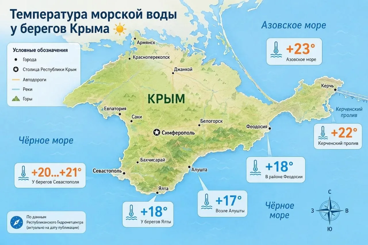 Морская вода у берегов Крыма прогрелась до 23 градусов ☀️

Такова её температура в Азовском море. В 