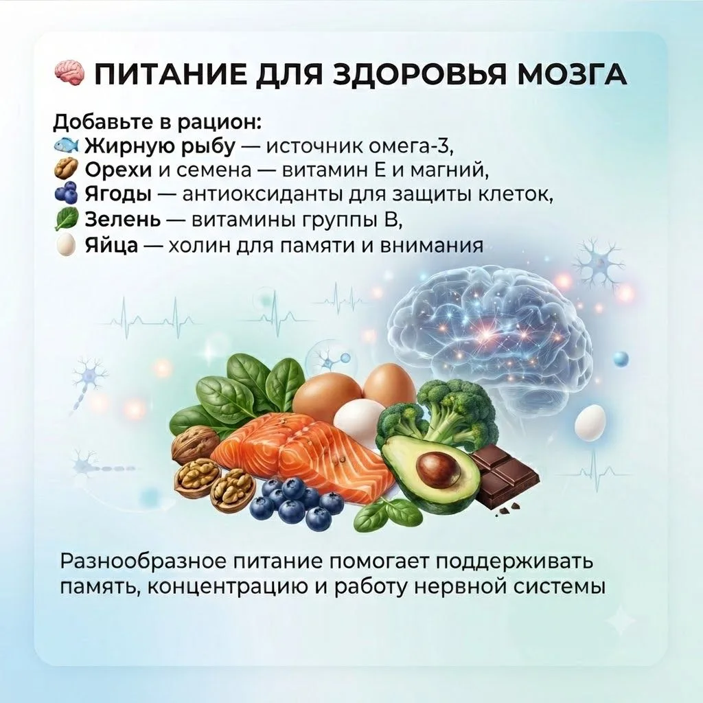 🧠 Питание для мозга: какие продукты помогают сохранить память и концентрацию?
Наш мозг ежедневно вы