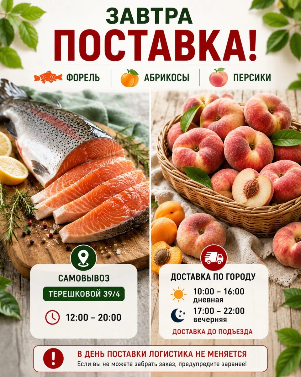 🐟🍑 ЗАВТРА ПОСТАВКА ФОРЕЛИ, АБРИКОСОВ И ПЕРСИКОВ 🍑🐟

Друзья, уже завтра получаем свежую поставку 