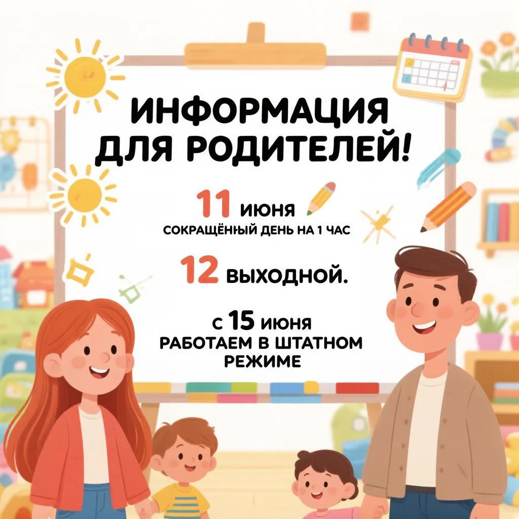 Уважаемые родители! 

Эта неделя сокращенная!  11 июня (четверг) сокращенный рабочий день на 1 час, 