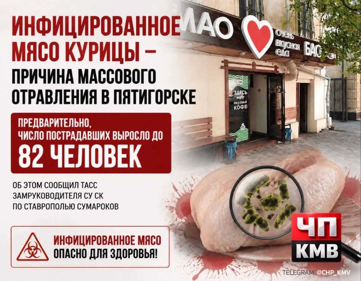 ❗️Инфицированное мясо курицы стало причиной массового отравления в Пятигорске, — сообщил ТАСС замрук