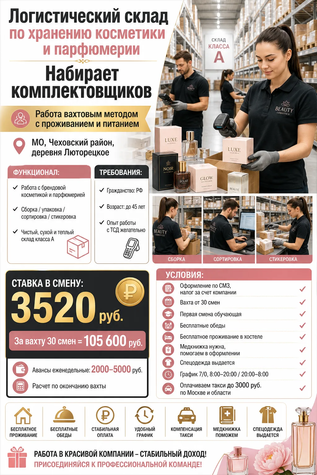 Логистический склад по хранению косметики и парфюмерии, набирает комплектовщиков для ра...