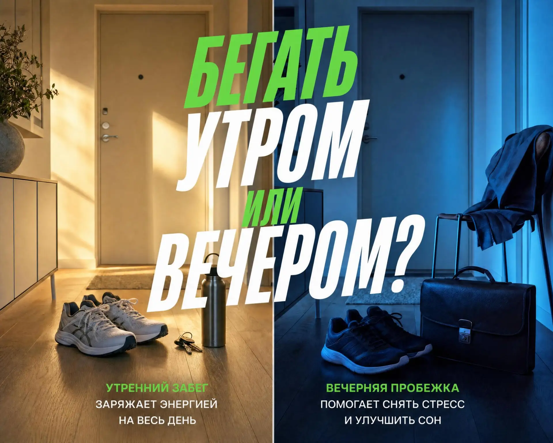 КОГДА ЛУЧШЕ БЕГАТЬ - УТРОМ ИЛИ ВЕЧЕРОМ?

Подъём, сборы, дорога на работу, 8 часов труда, хорошо если