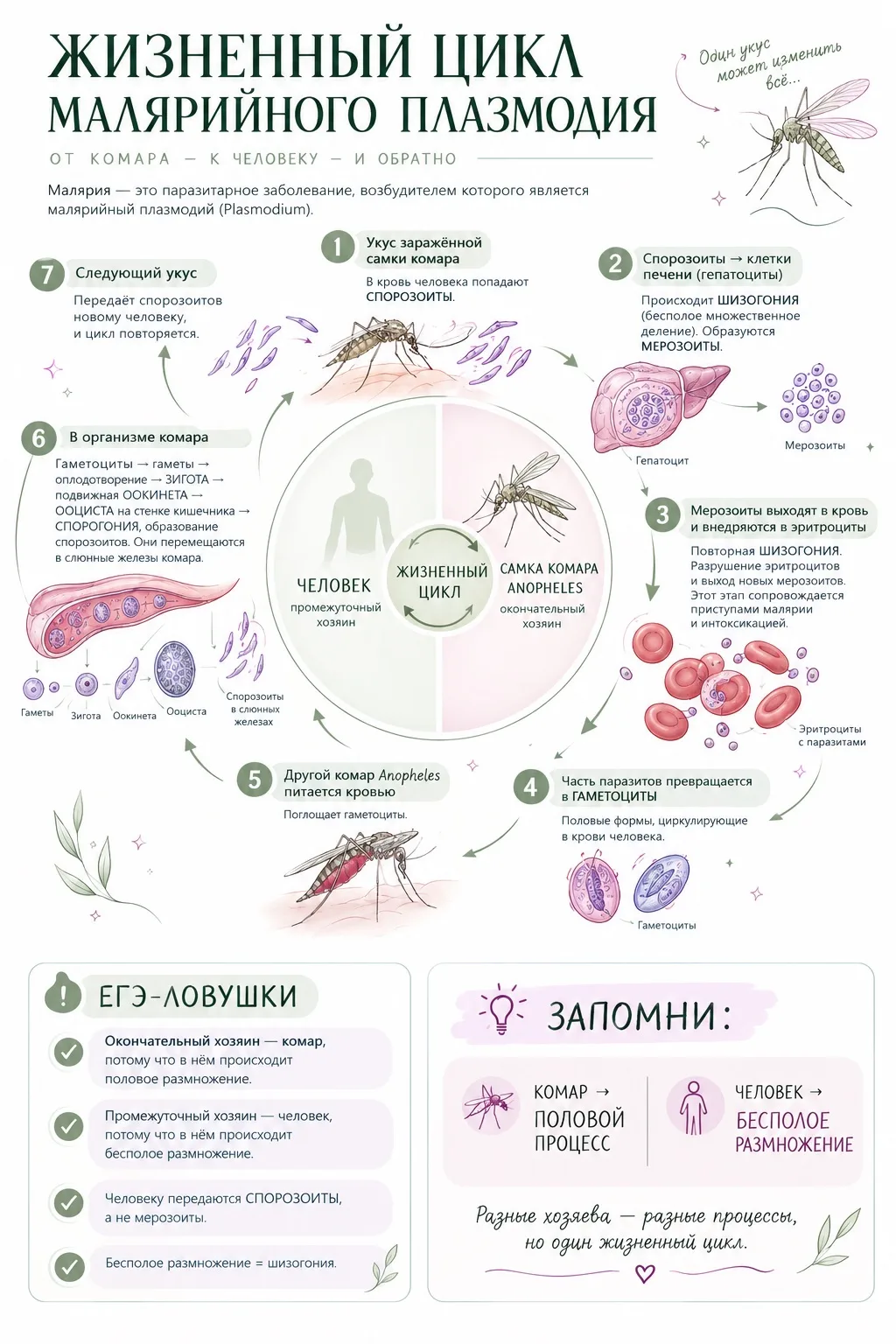 Жизненный цикл малярийного плазмодия🌼