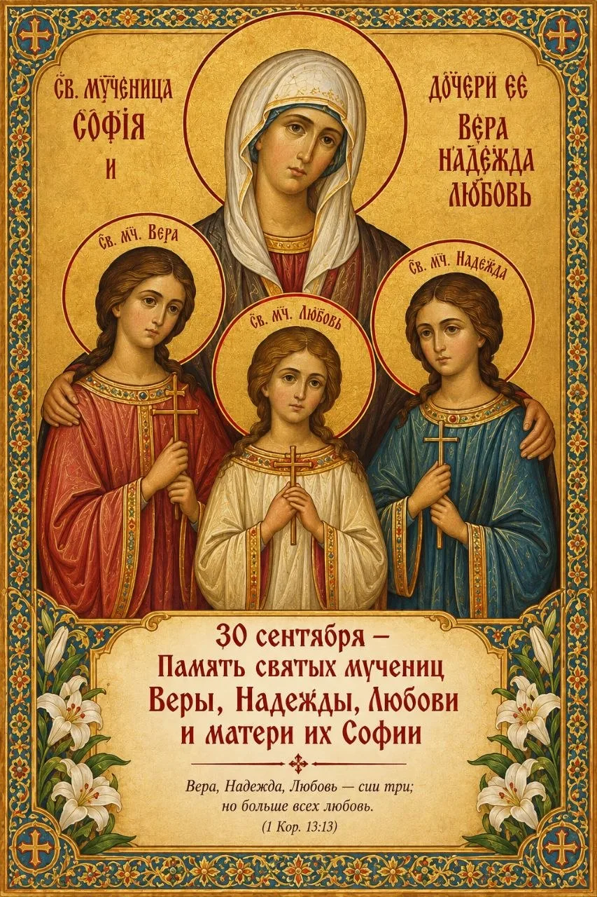 30 Сентября День Памяти Святых мучениц Веры, Надежды, Любови и матери их Софии