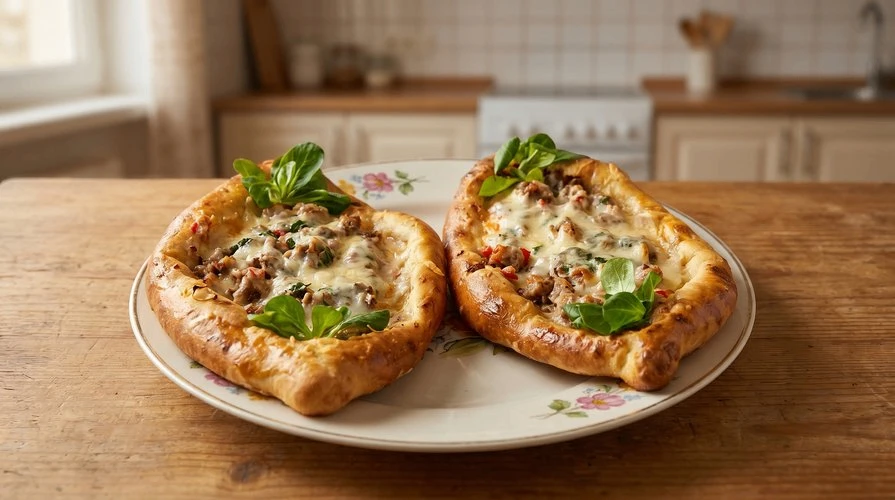 Лодочки с мясом — Мягкие, сытные дрожжевые лодочки с мясной начинкой. ~550 руб. ~КБЖУ на всю порцию 