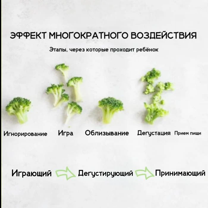 Исследования показывают, что постоянное предложение нелюбимой пищи (не менее 15 раз) приведет к заин