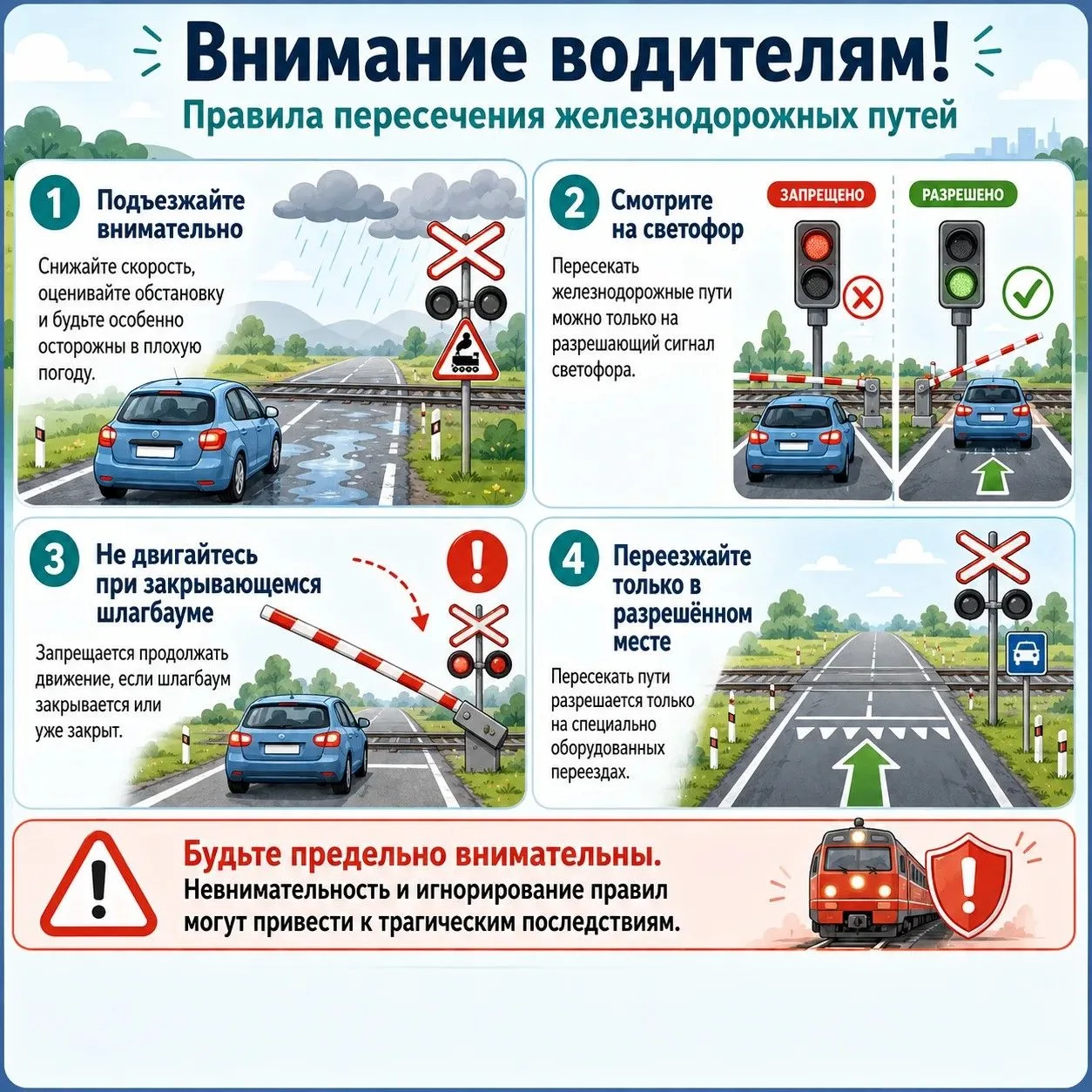 Внимание водителям! Напоминаем о правилах пересечения железнодорожных путей:

❗️ Пересекать железнод