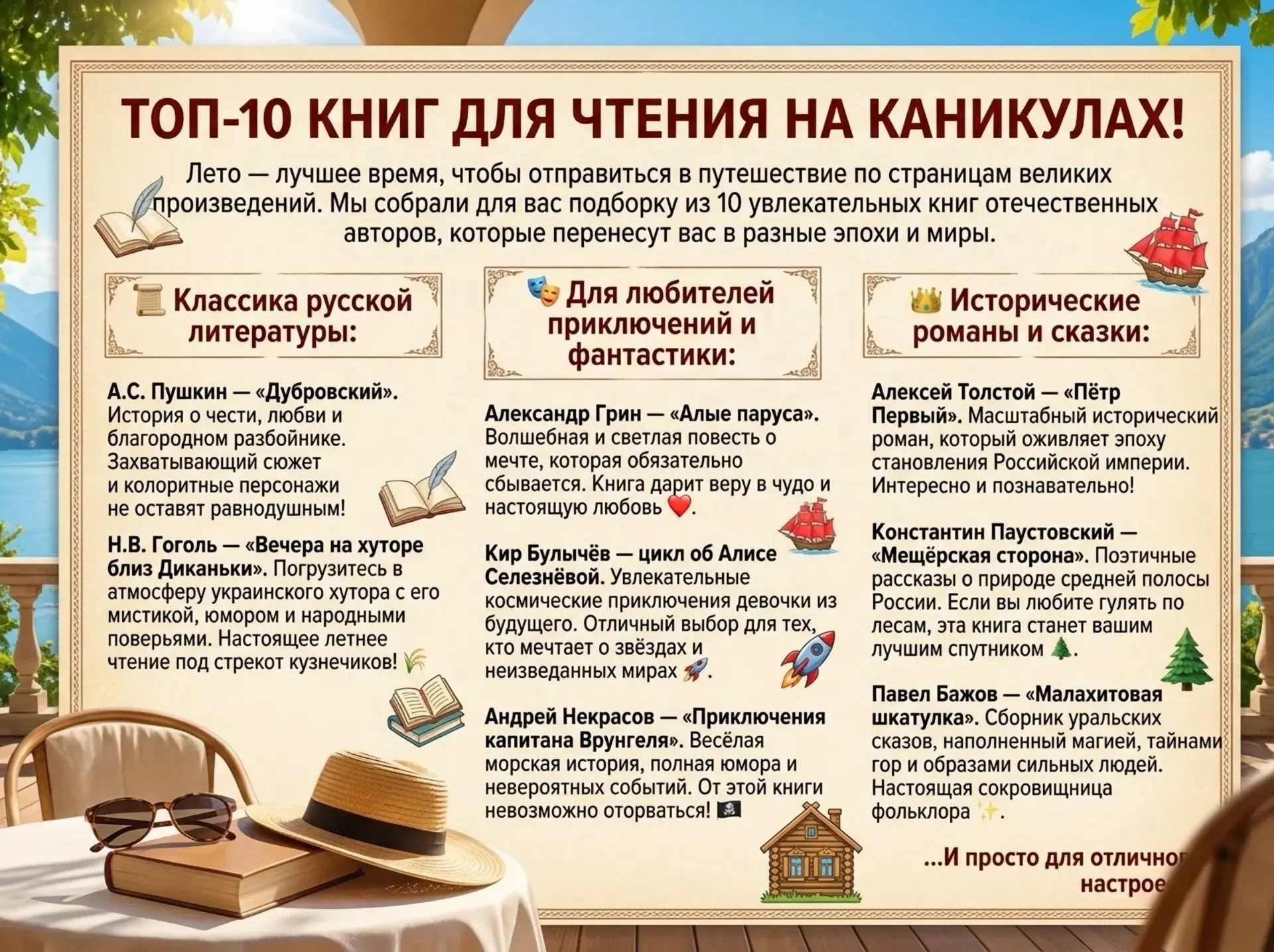 🇷🇺 Топ-10  книг для чтения на каникулах!

Лето — лучшее время, чтобы отправиться в путешествие по 