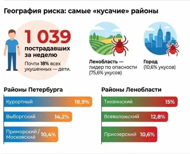 ❗️Клещи покусали более тысячи человек за неделю в Петербурге 

Самые опасные районы города — Курортн