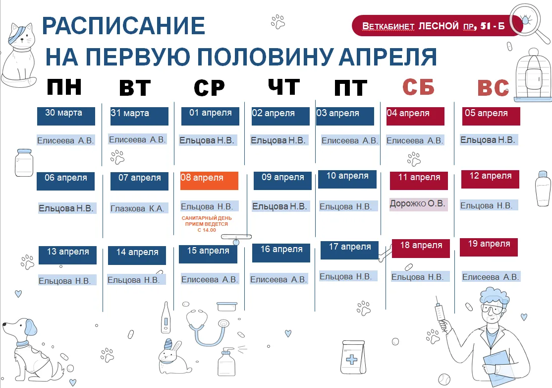 График рабочих смен ветеринарных специалистов в кабинетах Петрозаводска на первую полов...