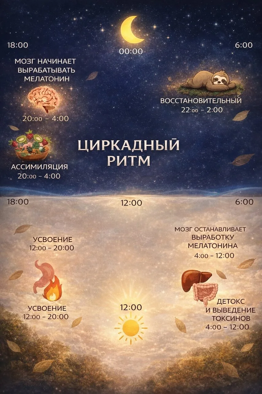 В течение каждого дня организм проходит три 8-часовых цикла, которые вместе образуют ци...