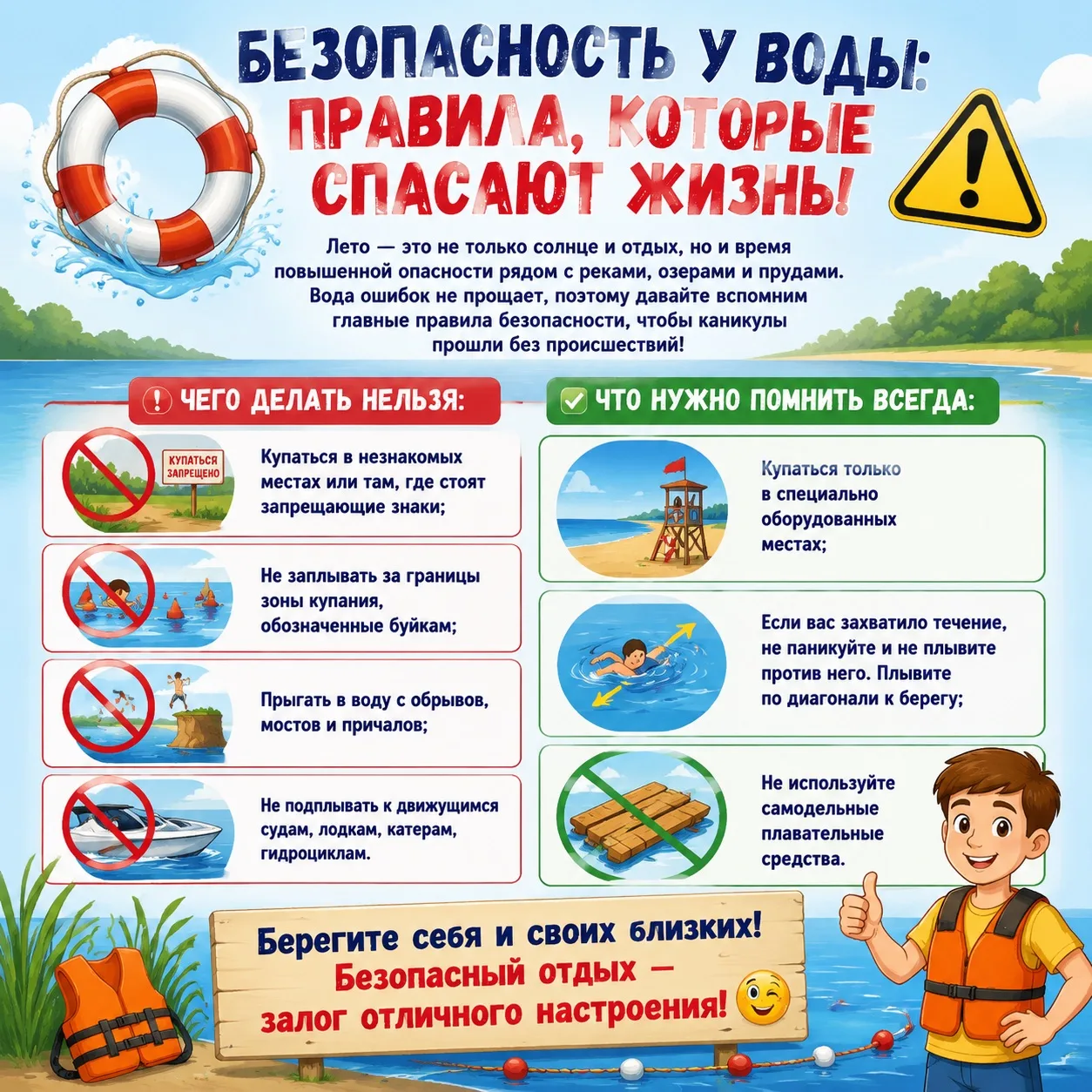 🌊 Безопасность у воды: правила, которые спасают жизнь! ⚠️
Лето — это не только солнце и отдых, но и