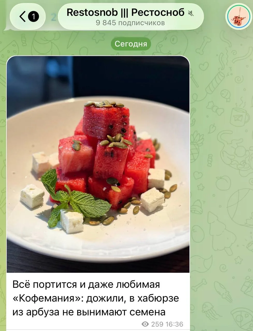 Проблемы москвичек: из арзбуза в салате Кофемании перестали доставать семена.