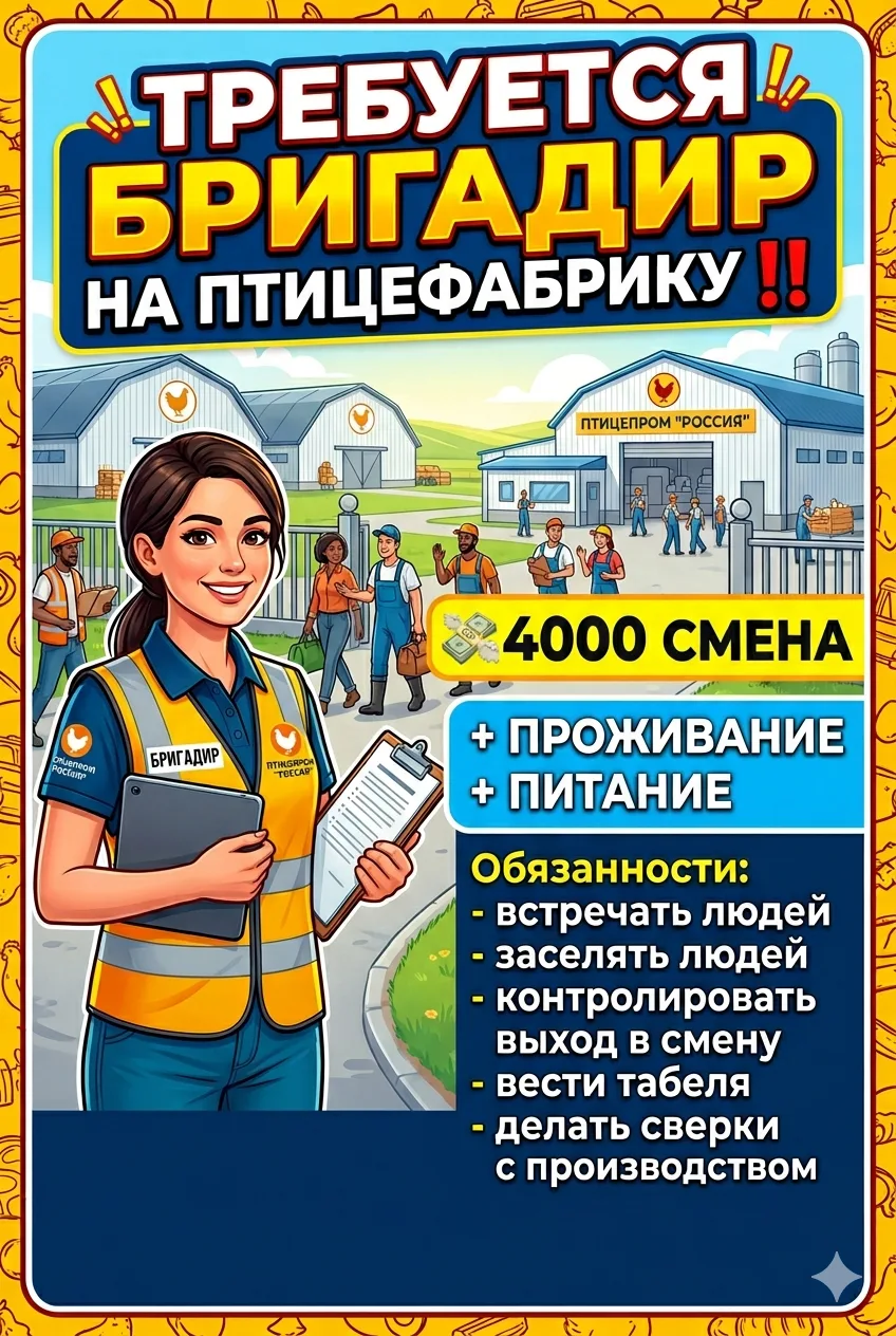 🔥НОВАЯ ВАКАНСИЯ 🔥👇
БРИГАДИР НА ПТИЦЕФАБРИКУ 

💸СТАВКА💸 4000 смена
 
⏳ ГРАФИК РАБОТЫ: 6/1 

‼️ОБ