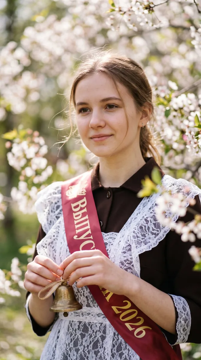 Промт: Hyper-realistic close-up portrait  of a 17-year-old graduating girl, wearing a traditional  