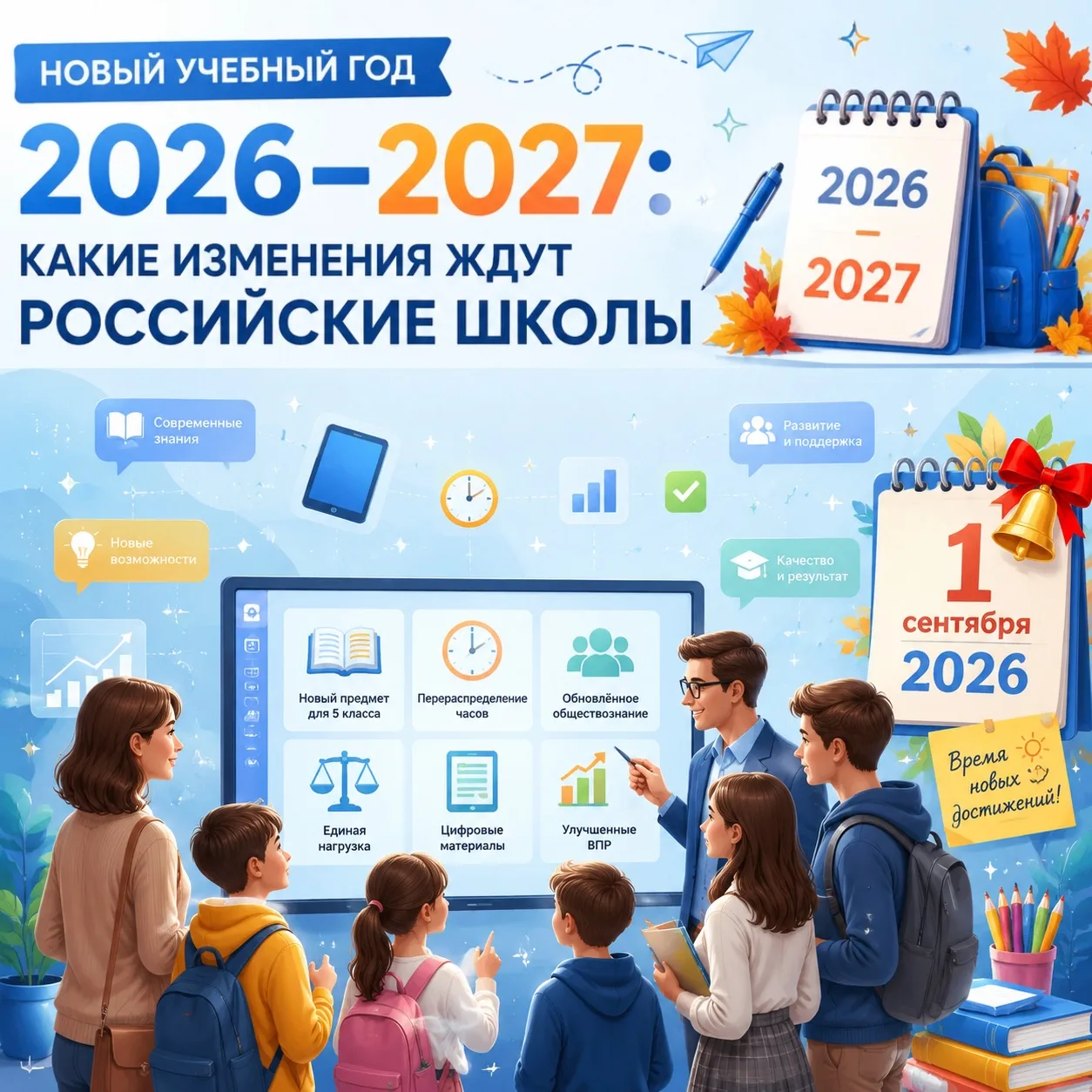 Новый учебный год: какие изменения ждут российские школы. 

С 1 сентября 2026 года начинается новый 