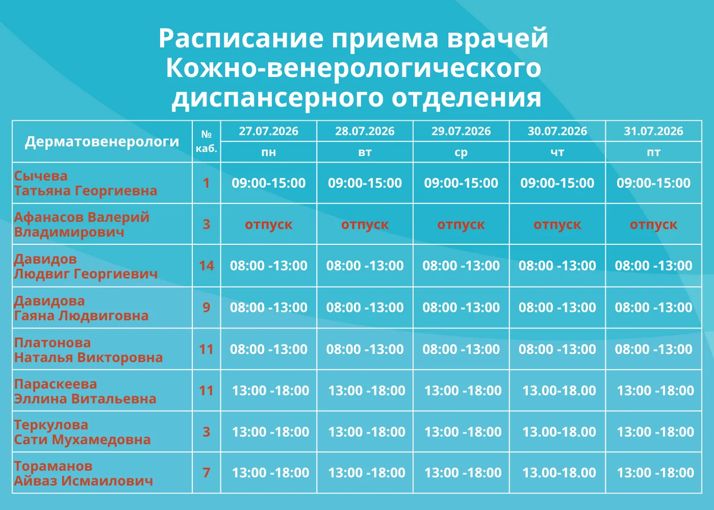 🗓РАСПИСАНИЕ КОЖНО-ВЕНЕРОЛОГИЧЕСКОГО ДИСПАНСЕРНОГО ОТДЕЛЕНИЯ

Часы приема врачей кожно-венерологичес