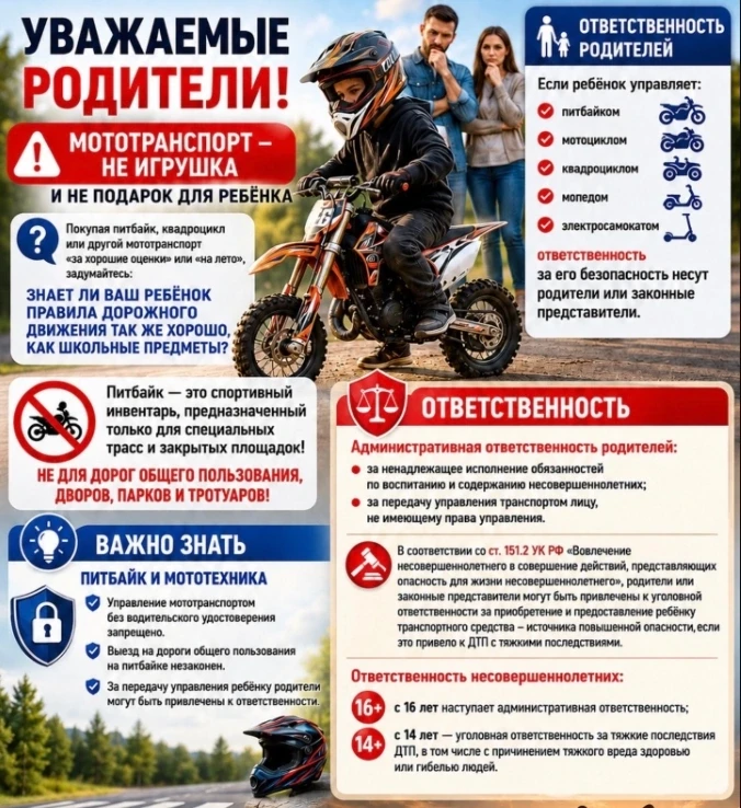 Управление мототранспортом несовершеннолетними несет крайне высокие риски, связанные с физической бе