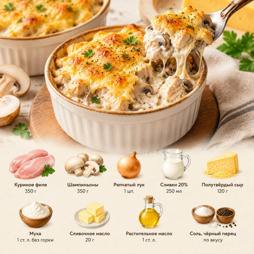 Жюльен с курицей и грибами под сырной корочкой 🤤