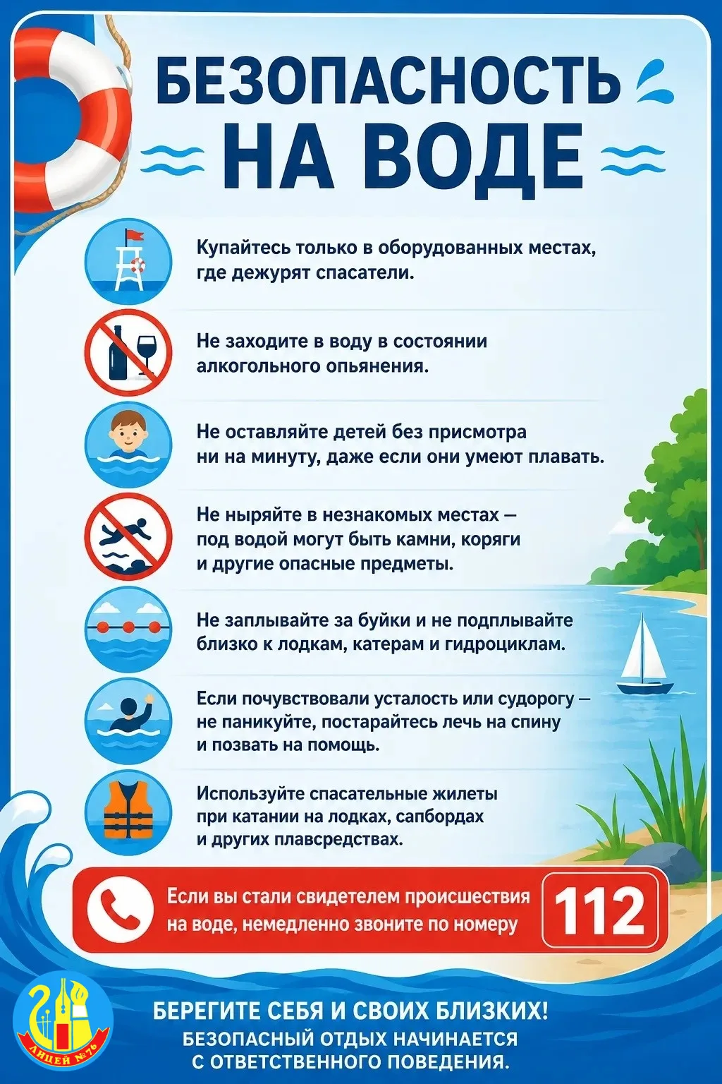 🌊 БЕЗОПАСНОСТЬ НА ВОДЕ: ЗАПОМНИ И ПОДЕЛИСЬ!

Чтобы отдых у воды был безопасным, соблюдайте простые 