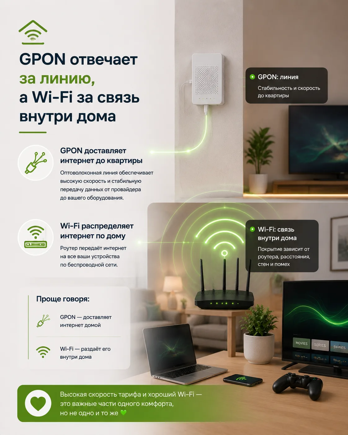 📡 GPON отвечает за линию, а Wi-Fi за связь внутри дома